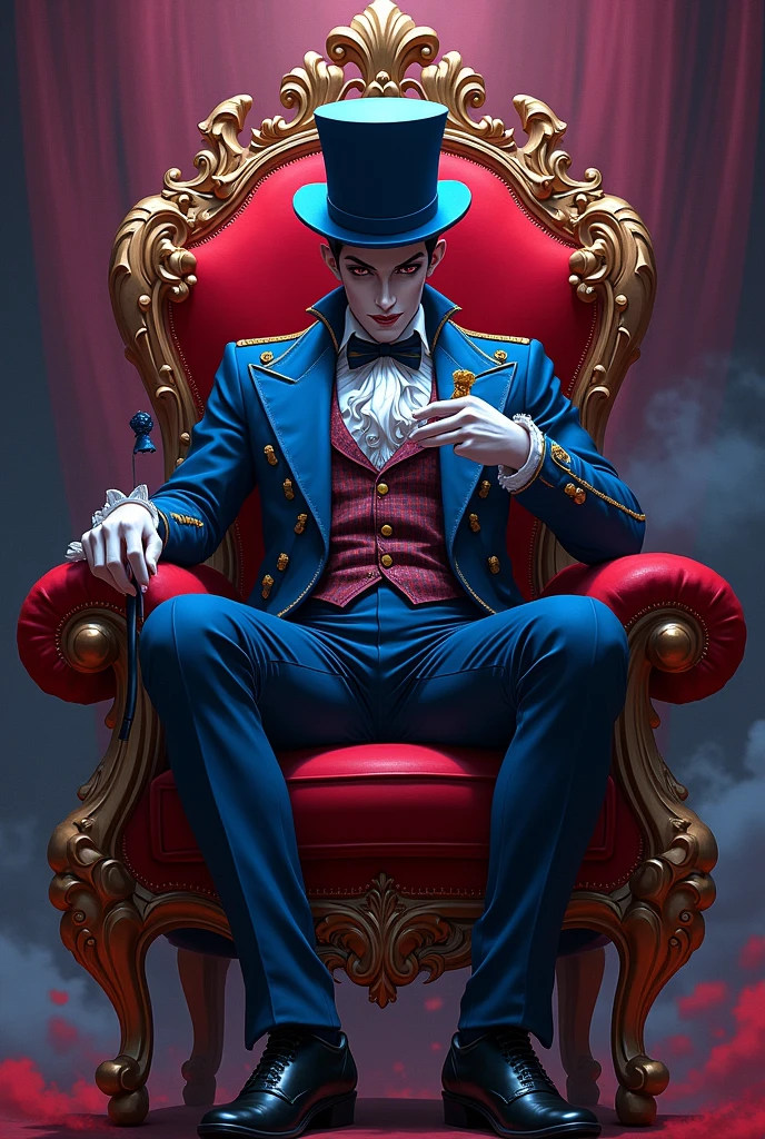 make art of an anime character in milgram style. I thought of him crushing an indigo chess pawn while he sits on a red throne in the void. (It&#39;s a scene from the MV). While he&#39;s wearing a circus ringmaster&#39;s outfit.. make it big in the drawing 