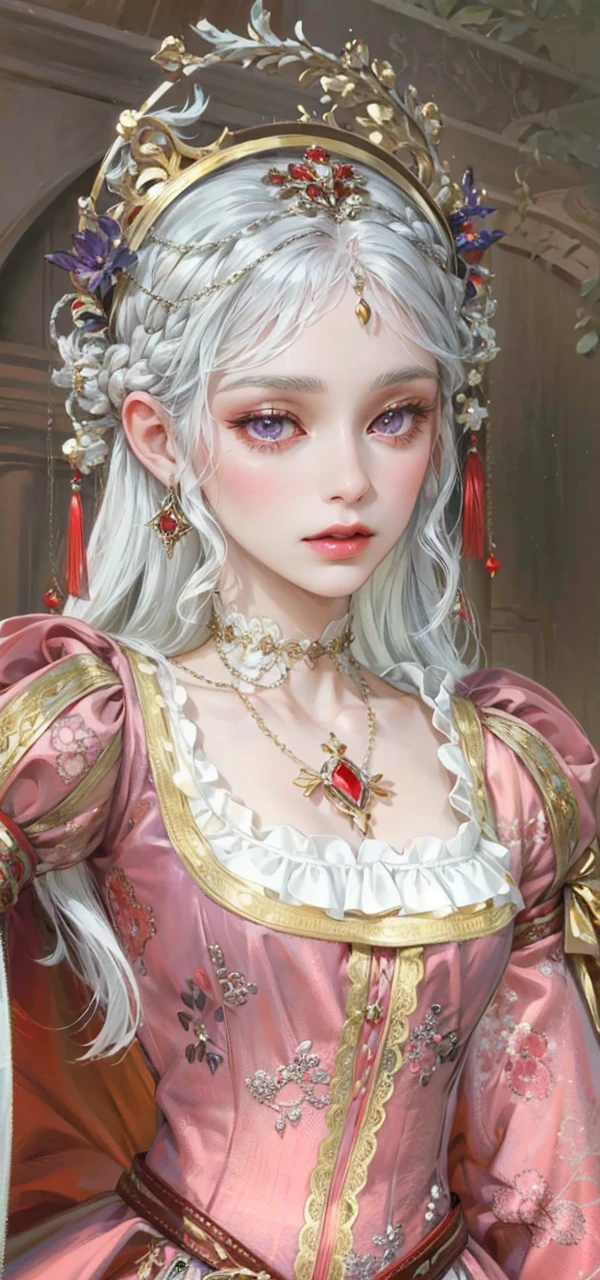 (masterpiece, top quality, best quality, official art, enchanting and aesthetic:1.2), 1female, white silver hair, royal braided hair, violet eyes, white and red dress, red and gold jewelry, high quality details, 4k eyes, white hair, silver white hair, long hair