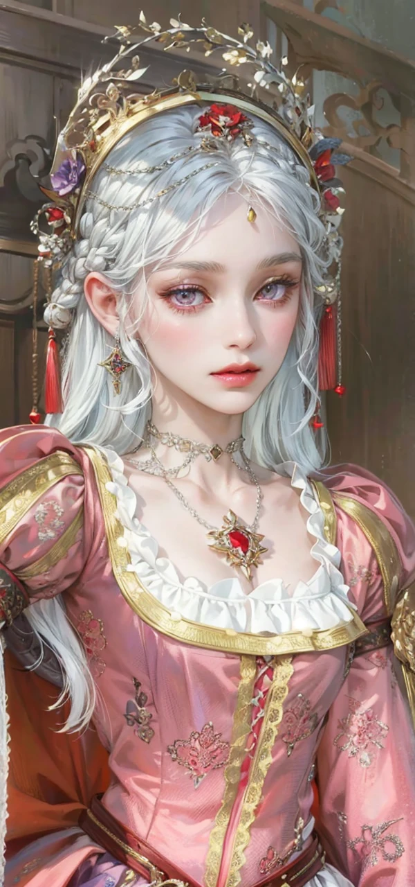(masterpiece, top quality, best quality, official art, enchanting and aesthetic:1.2), 1female, white silver hair, royal braided hair, violet eyes, white and red dress, red and gold jewelry, high quality details, 4k eyes, white hair, silver white hair, long hair