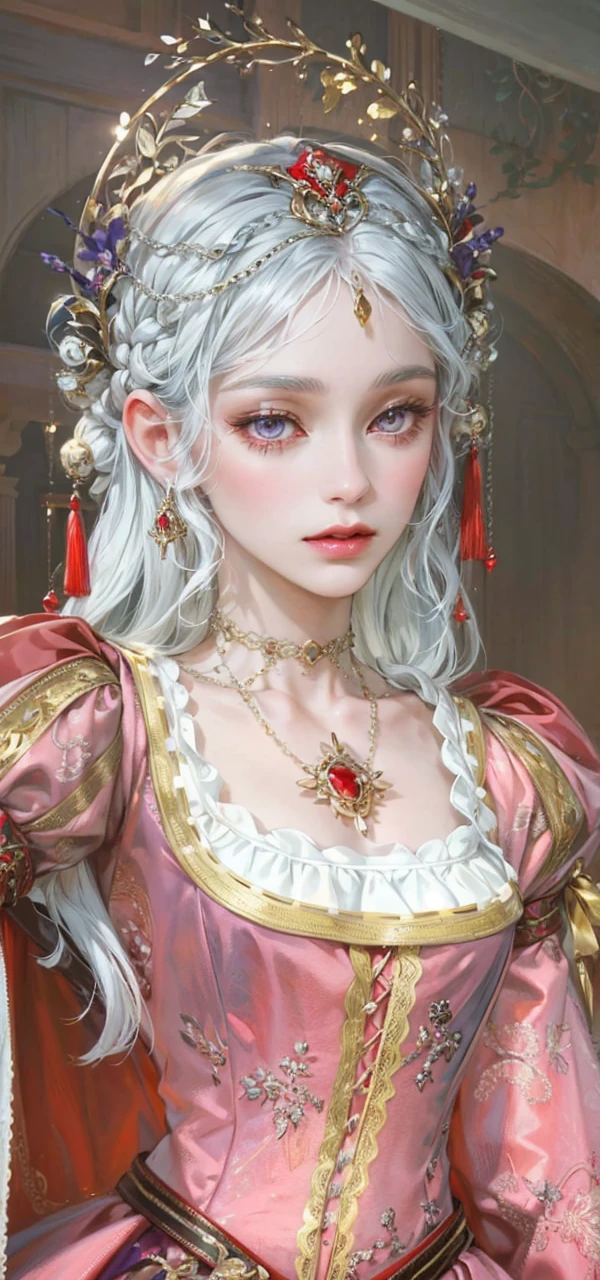 (masterpiece, top quality, best quality, official art, enchanting and aesthetic:1.2), 1female, white silver hair, royal braided hair, violet eyes, white and red dress, red and gold jewelry, high quality details, 4k eyes, white hair, silver white hair, long hair
