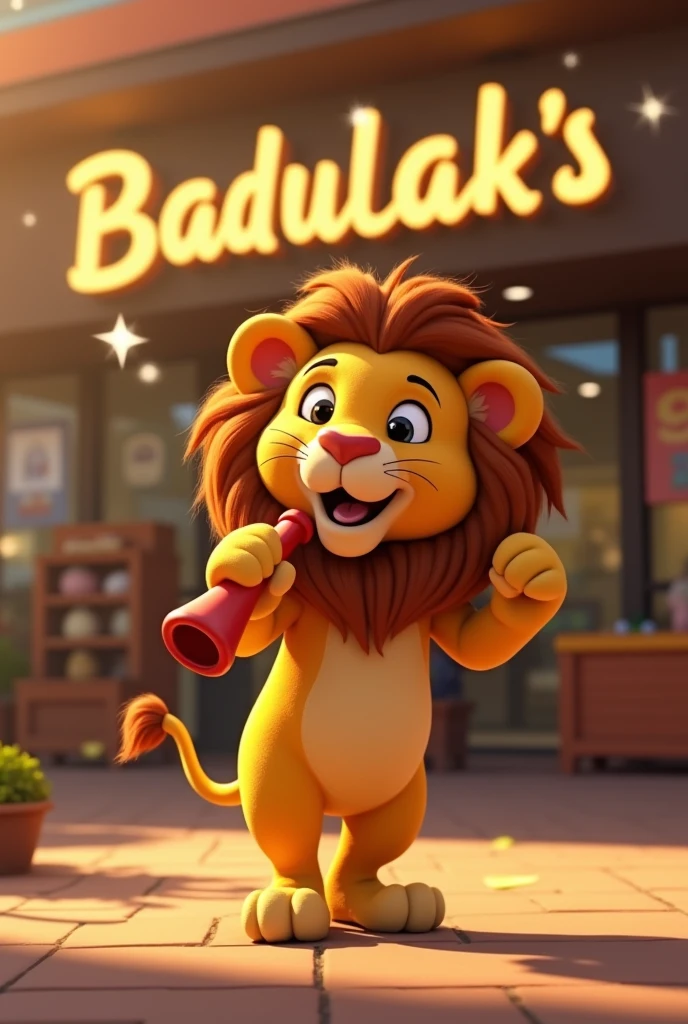 The little lion does a pirouette and uses a trumpet toy.
As it spins and makes happy sounds, the store's name, "Badulak's", appears in bright letters, siney pixar style