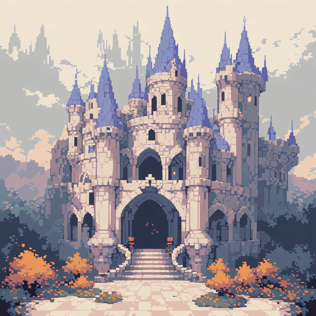 The prompt for generating a pixel art could be: "pixel art,(best quality, high resolution, detailed),(retro, nostalgic) colors,8-bit style,crisp lines and edges,small canvas,blocky pixels,limited color palette,low-fi graphics,dark colors,iconic pixel characters, broken castle, undead"