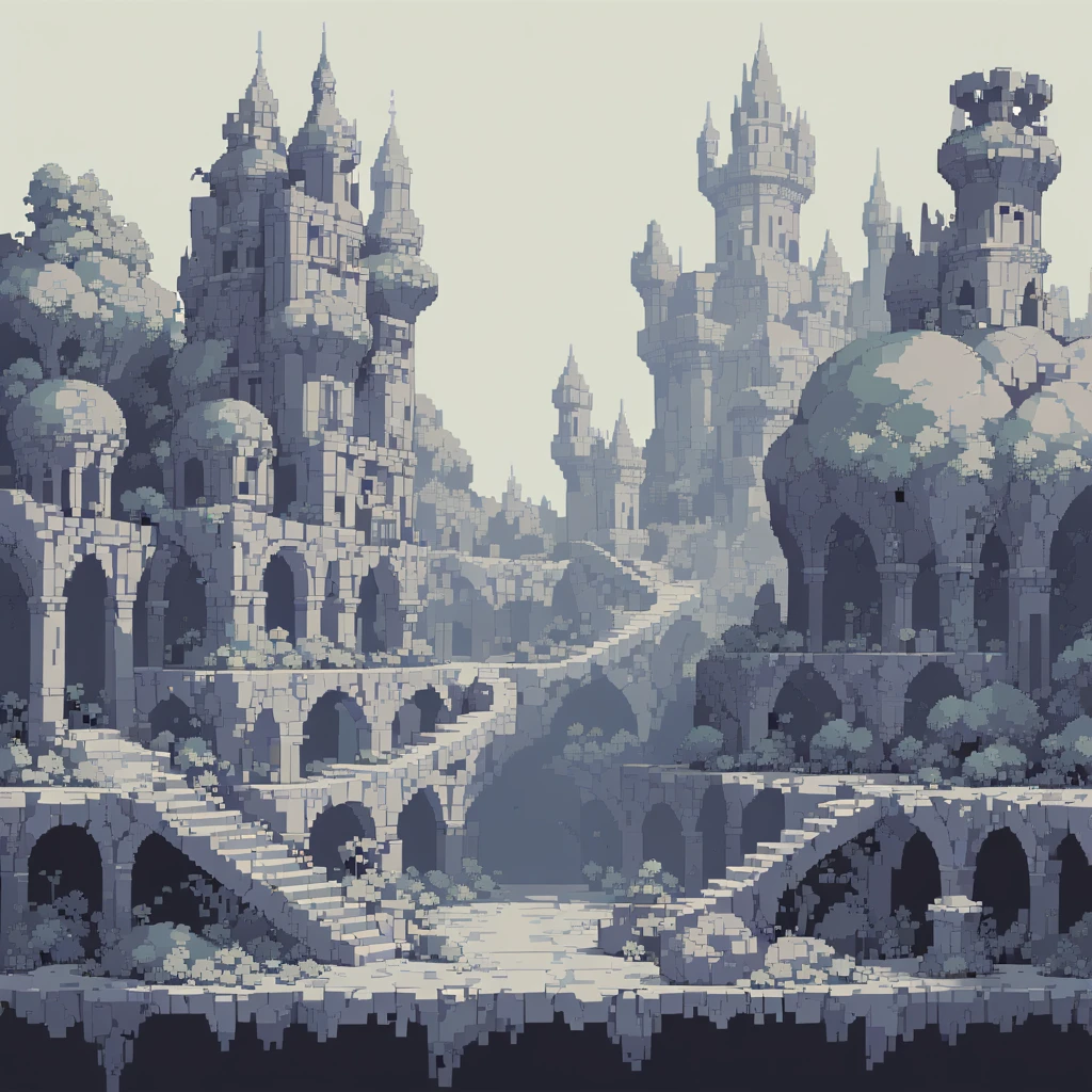 The prompt for generating a pixel art could be: "pixel art,(best quality, high resolution, detailed),(retro, nostalgic) colors,8-bit style,crisp lines and edges,small canvas,blocky pixels,limited color palette,low-fi graphics,dark colors,iconic pixel characters, broken castle, undead"