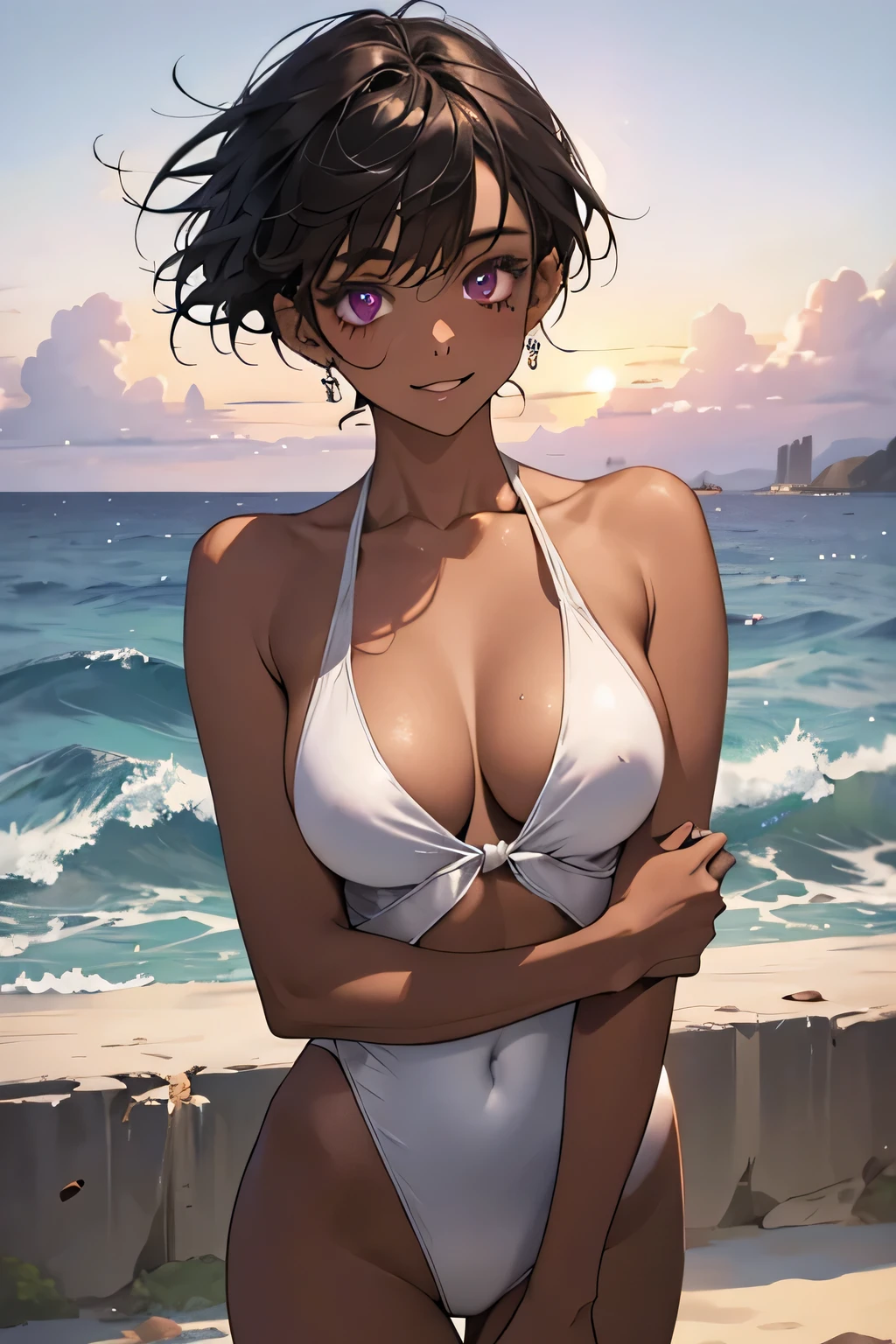 Ocean,Young Woman,Are standing,Small Head,The best smile,short hair,Black Hair,Purple Eyes,Large Breasts,Cleavage,(White swimsuit),(Chocolate brown skin)