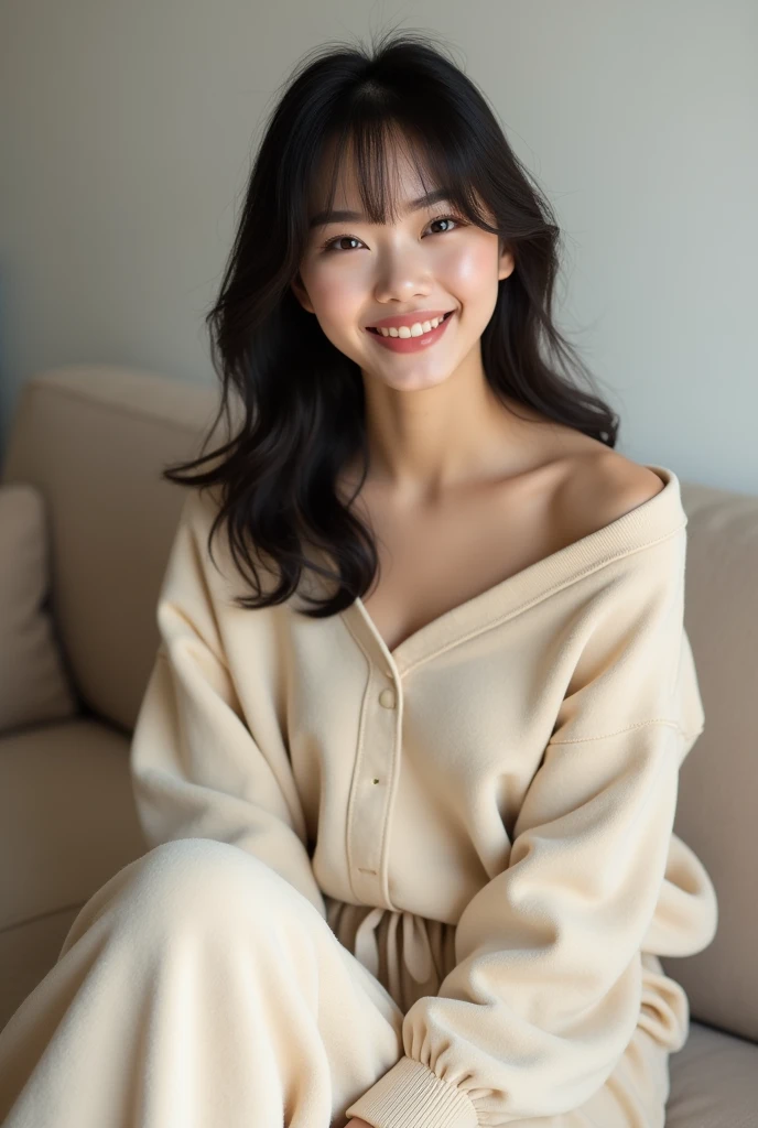 Beautiful Chinese woman, 20 years, with bangs; home cozy clothes, Material: soft, velvety or velor, top: Free, long-sleeved, one shoulder is bare, through: Спортивные штаны с резинкой вthroughу, ties at the waist, color: Light beige or cream, fashion: everyday, relaxed style, details: Deep pockets on pants.; joyful, carefree, smiling, squinted eyes, sincere happiness, joy, serenity, Enjoying the moment; sitting on the sofa.(masterpiece, accuracy, 8 K)