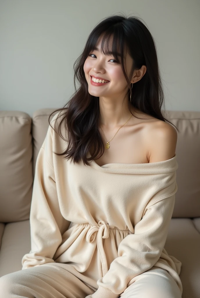 Beautiful Chinese woman, 20 years, with bangs; home cozy clothes, Material: soft, velvety or velor, top: Free, long-sleeved, one shoulder is bare, through: Спортивные штаны с резинкой вthroughу, ties at the waist, color: Light beige or cream, fashion: everyday, relaxed style, details: Deep pockets on pants.; joyful, carefree, smiling, squinted eyes, sincere happiness, joy, serenity, Enjoying the moment; sitting on the sofa.(masterpiece, accuracy, 8 K)