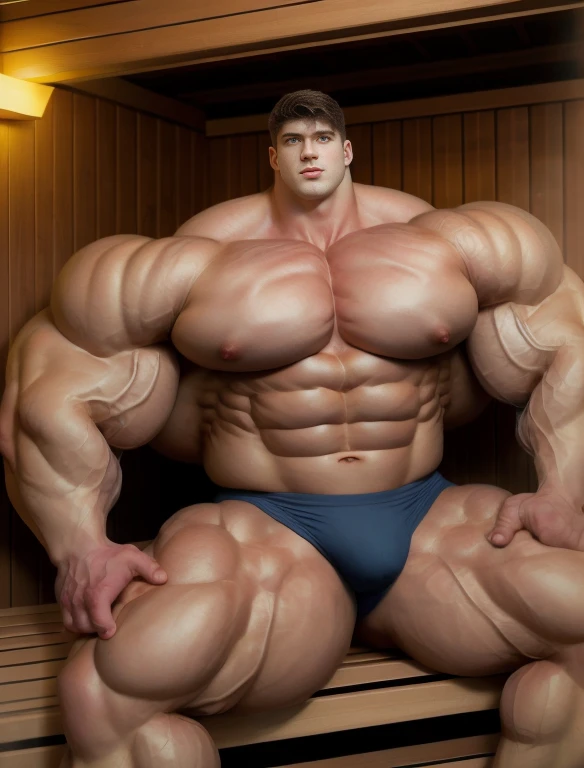 1boy, solo, giant bodybuilder, stand, warm light, strong body, bulk, large size, idle, staring, sitting in the sauna, open legs, nude, navy triangular underwear, prominent bulge, extraordinary big, brutalmass, giant, muscular body, bulk, buff, massive body, large meaty body size, extremely wide body