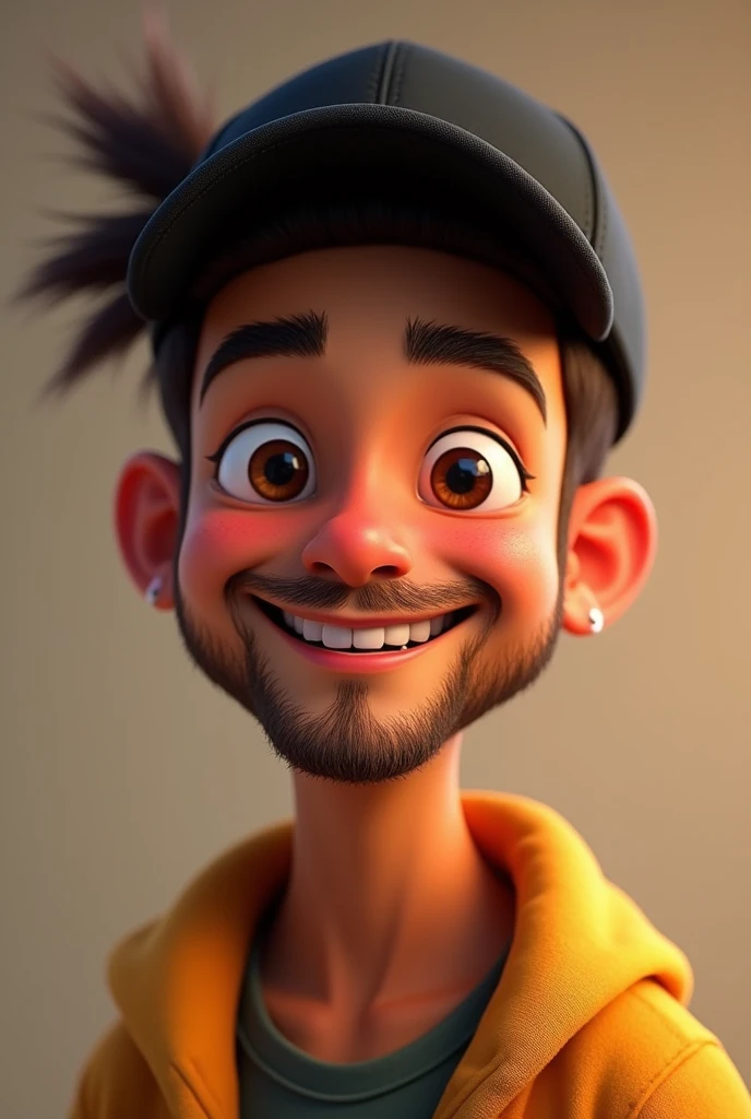 Young man of 20 years old, a little dark-skinned, with a short beard and small brown eyes, small nose, small ears wearing a black cap and smiling Disney Pixar 3d style