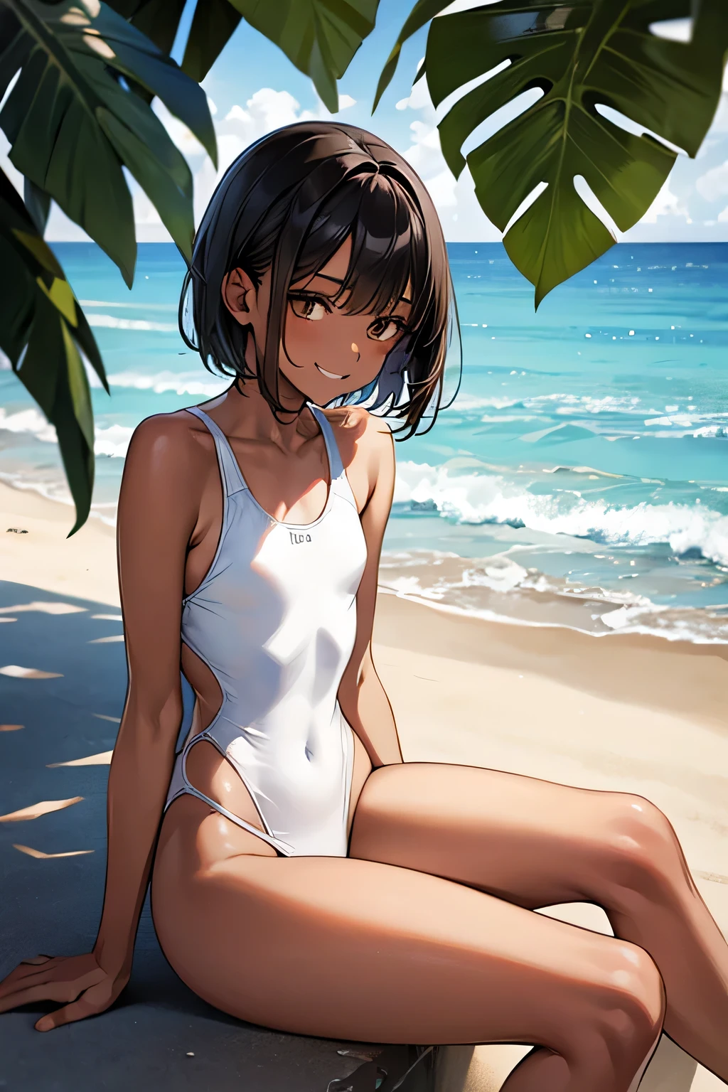 Ocean，Young Woman，Height 175cm，Sit with your legs apart，Small Head，The best smile，short hair，Black Hair，(White swimsuit)，(Chocolate brown skin)