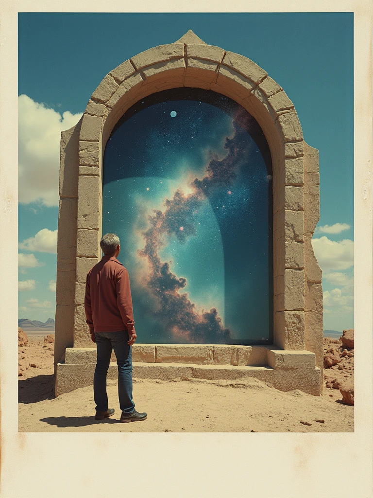 image of LCD screen in shape of a intricate stone archway, screen shows celestial bodies, nebulae and galaxies, man watching, daytime desert background, detailed, photorealistic, polaroid