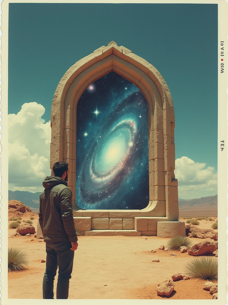 image of LCD screen in shape of a intricate stone archway, screen shows celestial bodies, nebulae and galaxies, man watching, daytime desert background, detailed, photorealistic, polaroid