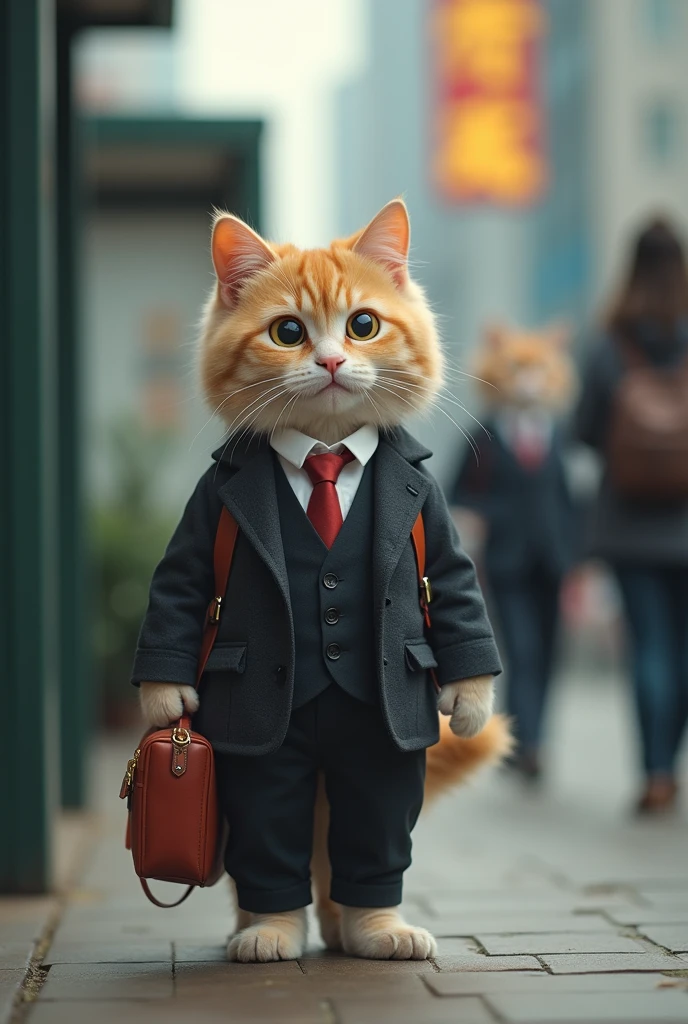 Shanghai,35mm lens,Multiple angles,Cat,Personification,Back,side,silhouette,Overhead shot,Cat,Standing,doll,Carrying a small school bag,Bus stop,TRAIN STATION,subway,Shanghai, cloak,Ruan Jia,Suit,tie, (Delicate face), (Fine fluffy fur),(35mm Cinema Lens),(Multi-angle shooting),(many viewing angles)