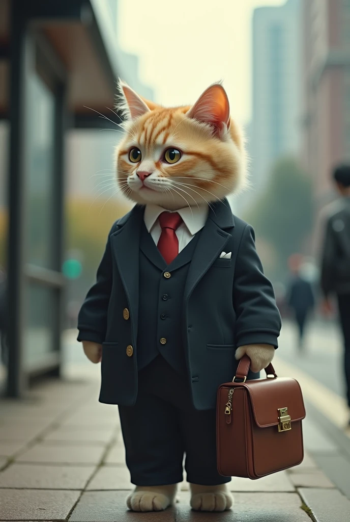 Shanghai,35mm lens,Multiple angles,Cat,Personification,Back,side,silhouette,Overhead shot,Cat,Standing,doll,Carrying a small school bag,Bus stop,TRAIN STATION,subway,Shanghai, cloak,Ruan Jia,Suit,tie, (Delicate face), (Fine fluffy fur),(35mm Cinema Lens),(Multi-angle shooting),(many viewing angles)
