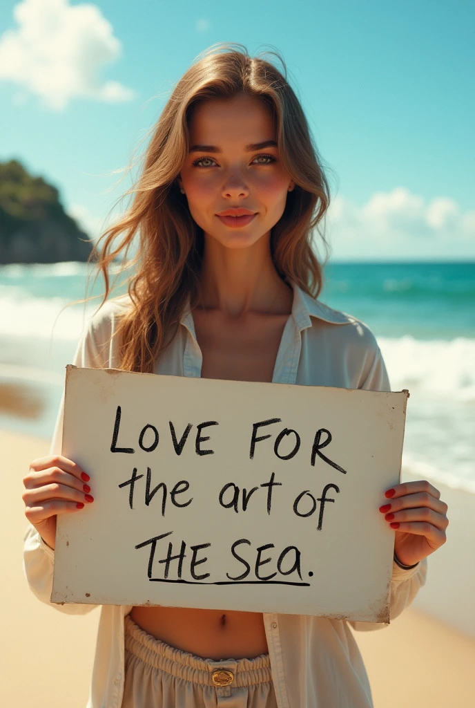 Hyperrealism,A girl holds up a sign that says I Love Seaart Infinity,Standing by the sea,Movie-quality images,Sunlight,Waves,Beach