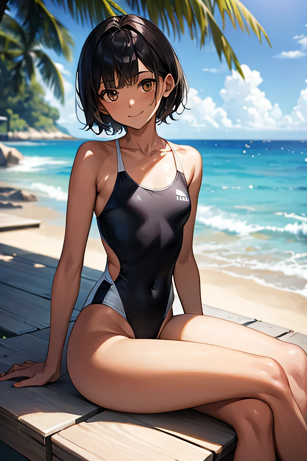 Ocean,Young Woman,Height 175cm,Sit with your legs apart,Small Head,The best smile,short hair,Black Hair,(White swimsuit),(Chocolate brown skin)