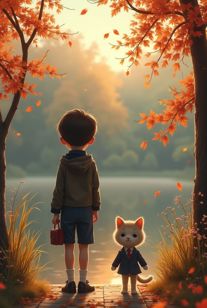Beijing街头,Lakeside,35mm lens,Multiple angles,Countryside scenery,Suburban,Back,side,silhouette,Overhead shot,Cat,Standing,doll,Carrying a small school bag,tram,Beijing,Autumn woods,Wooden house,Platform, cloak,Ruan Jia,Suit,tie, (Delicate face), (Fine fluffy fur),(35mm Cinema Lens),(Multi-angle shooting),(many viewing angles)
