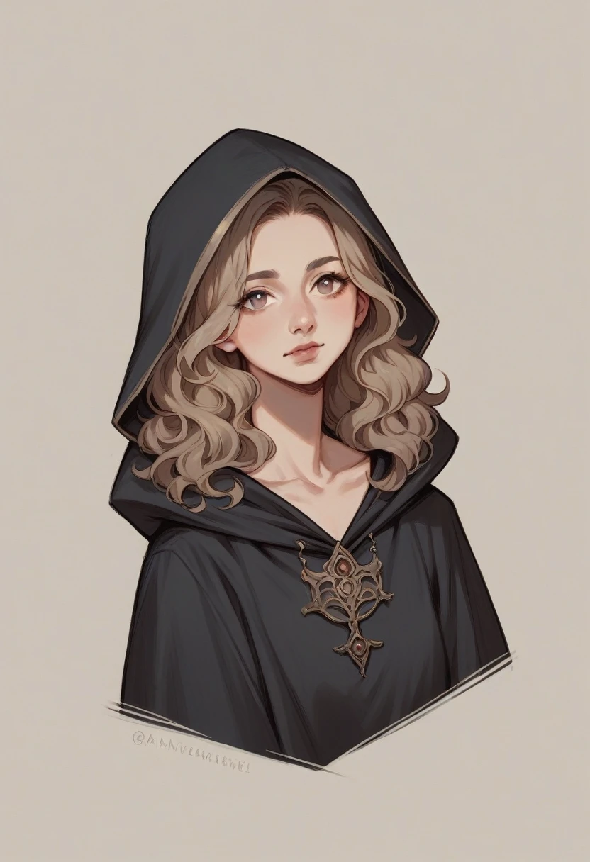 Realistic arabic girl with light brown eyes, dark brown wavy hair and black fantasy robe with hood