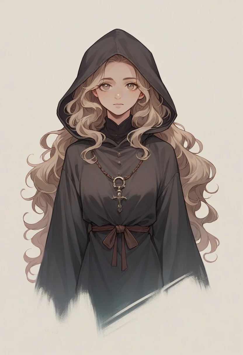 Realistic arabic girl with light brown eyes, dark brown wavy hair and black fantasy robe with hood