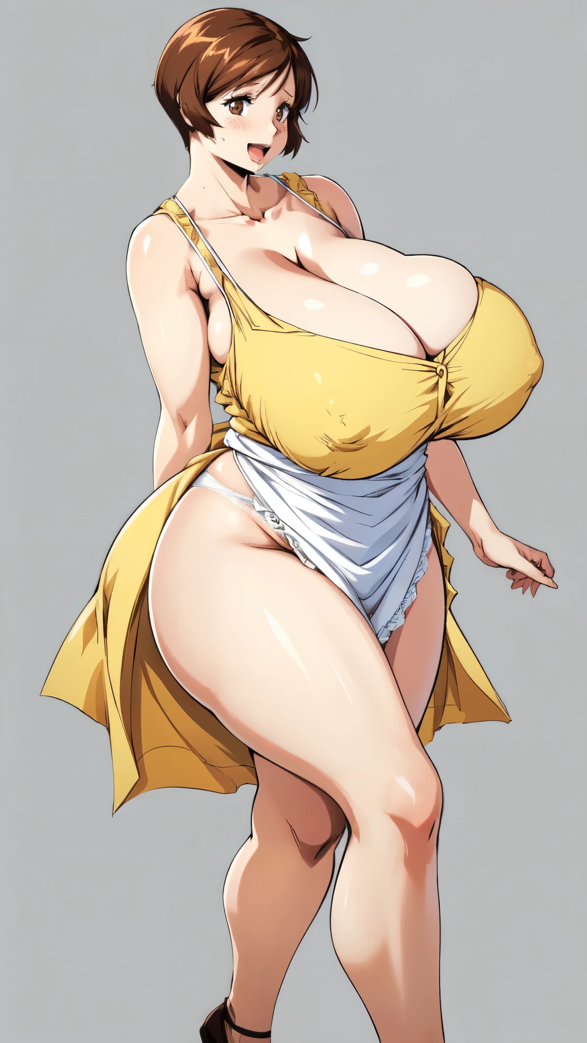 masterpiece, highest quality, High resolution, 1girl, solo, sexual intercourse, Pornographic images, short hair, etsukoto, brown Eyes, fine grain, fine grain, (((Thick thighs, Plump thighs, Voluptuous thighs, Thighs alone are enough))), ((Huge and ample breasts, Cleavage, big long breasts)), Naughty big,((big breasts are important))、((Naughty thighs)), L Cup, (thin:1.4),(Tight waist:1.4), (yellow dress:1.4), ((white waist apron)), ((white panties)), (((Simple Background))), smile, open mouth, ((Wide Hips)), Shiny, Oily skin, Mature mother, Calf, Seductive mature woman, milf, Perfect body, Plus Size Model, curvy, ample, etsukoto, blush, clavicle, retro artstyle, 1990s (style), (thick thighs:1.4), ((bursting breasts, spilling out, huge cleavage, ultra-gigantic breasts)), (((((bare legs))))), ((full body)), (from side), 