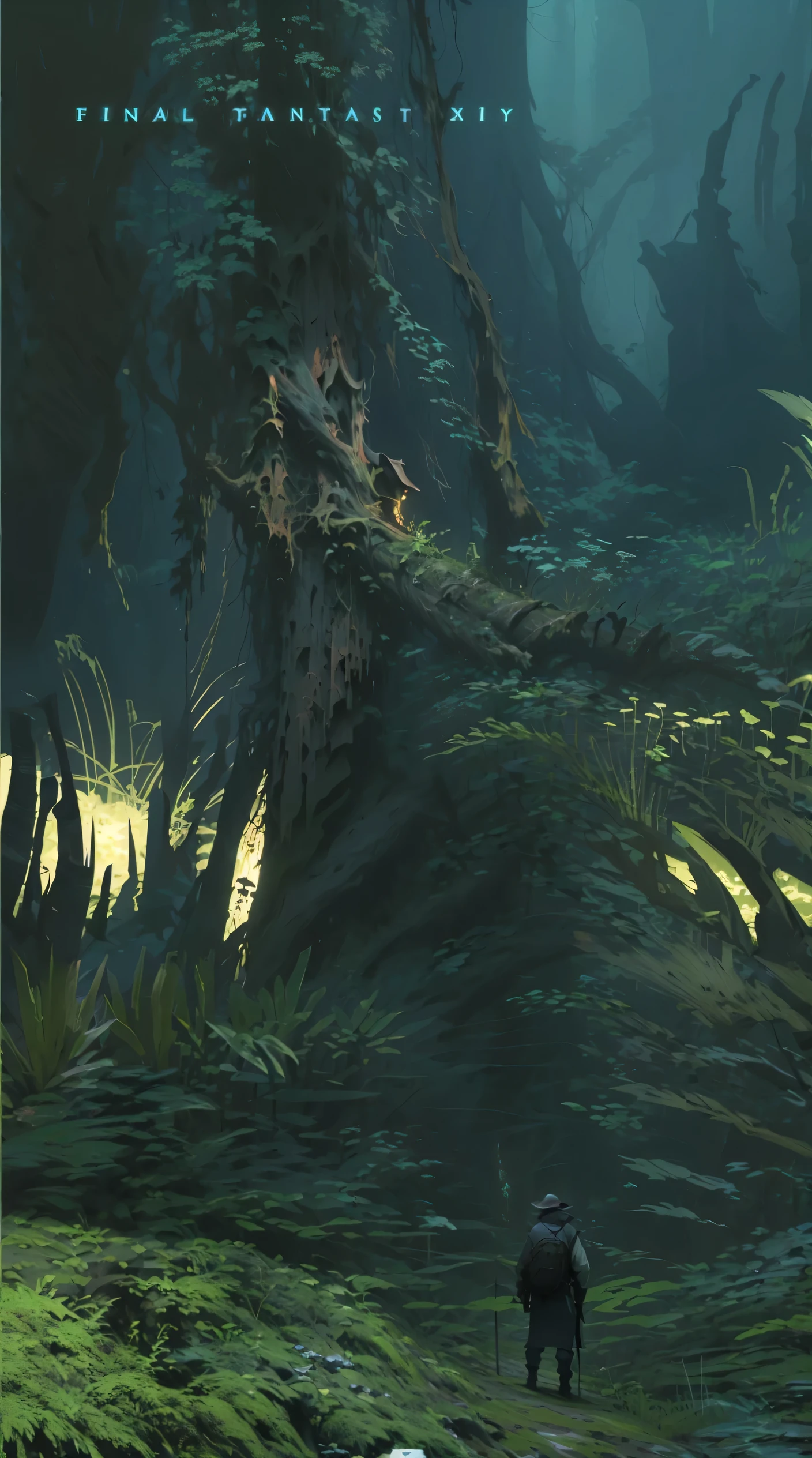 There is a poster,A man stands in the forest, High Detail.Digital painting of lush vegetation, The light of the torch. Sketch Art. root, Swamp atmosphere, Dark Forest concept art, Random Forest Landscape, dark swamp, Very detailed digital painting, High detail digital, Swamp Forest, Environmental Concept, Covered with shiny spots, Lovecraftian Landscape, Ancient wood environment