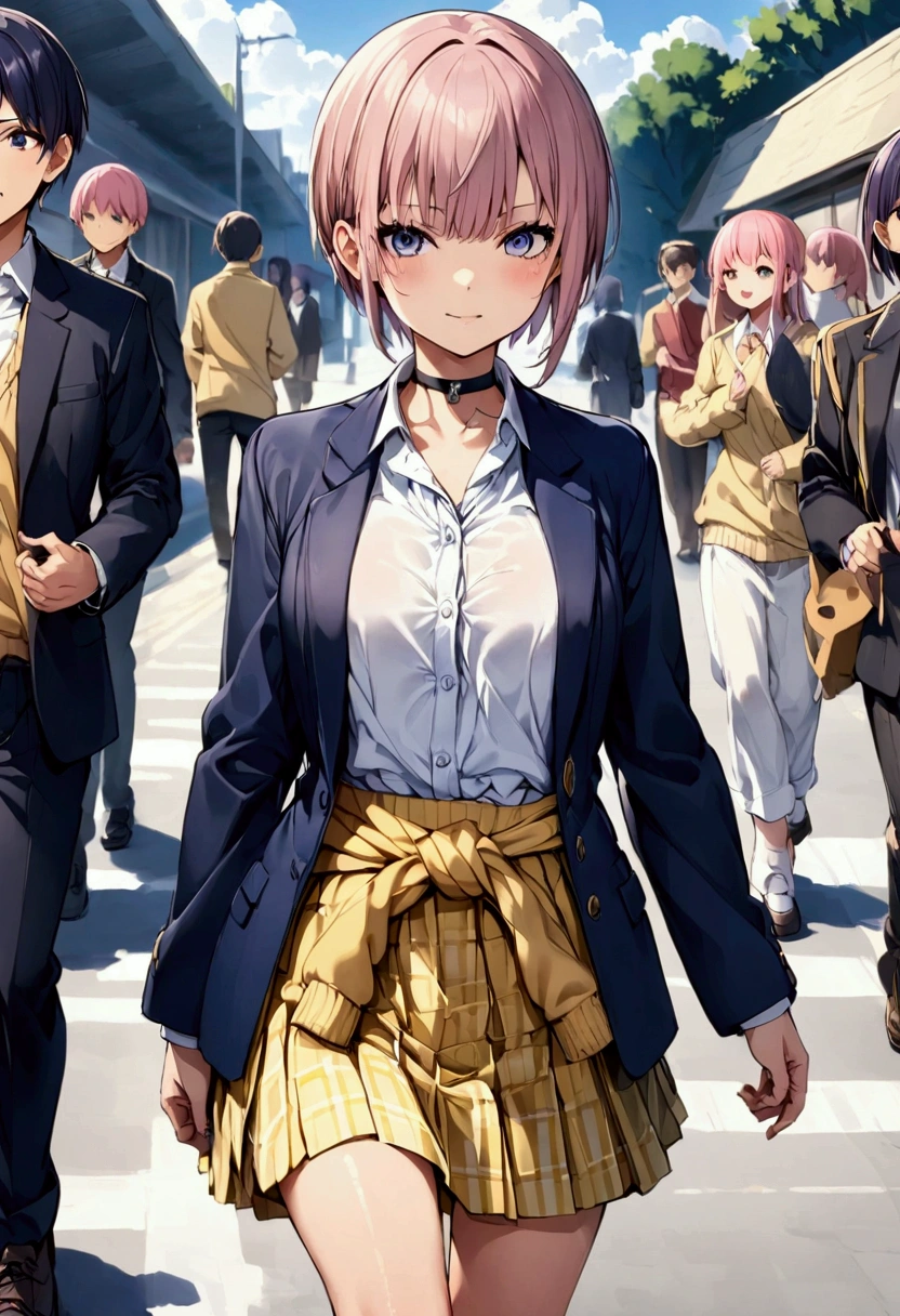 A high school girl with a pink pixie cut is walking through the schoolyard、White shirt、Navy blue jacket、Yellow green checkered skirt、Yellow cardigan tied around the waist、Black choker、Sunburn、Nakano Ichika