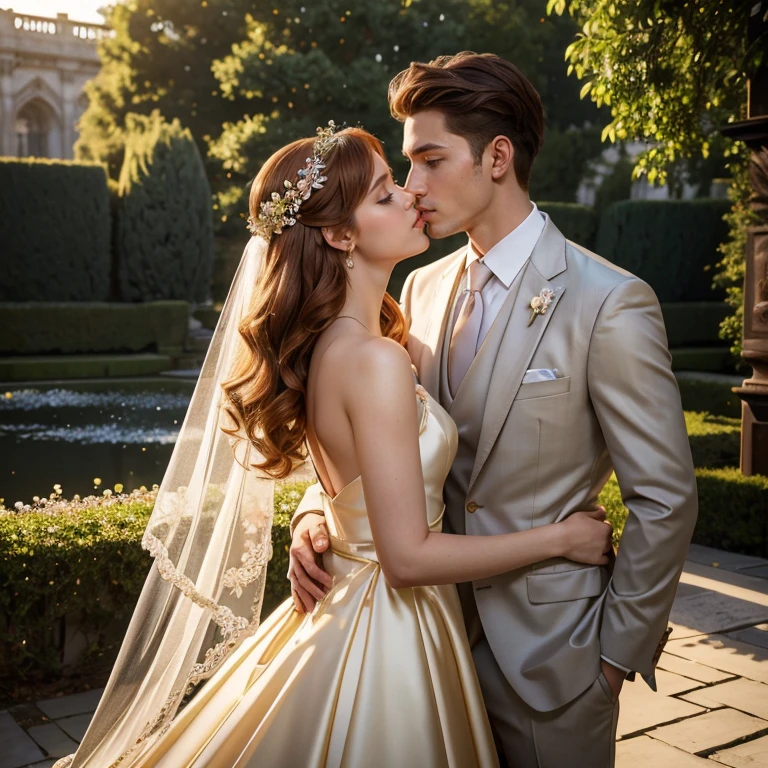(​masterpiece, best quality:1.5), highest quality, High resolution, super detailed, Realists, Upper body photo of a red-haired flower girl and a boy in a suit, detailed and beautiful eyes, beautiful detailed lips, very detailed eyes and face, longeyelashes, Young girl in a short dress made of shiny beige satin fabric, Beautiful and colorful makeup, elegant and noble々Pose,shiny satin headband, grind, Holding flowers, Gardens as background, soft daylight, bright colors, fine brushstrokes, Portrait style, Noble details in the dress fabric, beautiful color palette, glowing skin, First-class rendering, that captures every detail, enchanting atmosphere, subtle shadows and lights, (perfect anatomy:1.2), (The stunning flower girl is in love with a boy in a grey suit. Exchanging glances. First kiss. Grabs the hips from behind (magnificent panorama view:1.2)