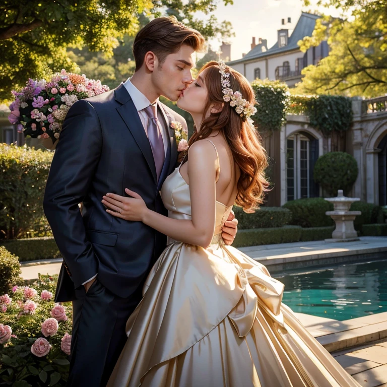 (masterpiece, best quality:1.5), highest quality, High resolution, super detailed, Realists, Upper body photo of a red-haired flower girl and a boy in a suit, detailed and beautiful eyes, beautiful detailed lips, very detailed eyes and face, longeyelashes, Young girl in a short dress made of shiny beige satin fabric, Beautiful and colorful makeup, elegant and noble々Pose,shiny satin headband, grind, Holding flowers, Gardens as background, soft daylight, bright colors, fine brushstrokes, Portrait style, Noble details in the dress fabric, beautiful color palette, glowing skin, First-class rendering, that captures every detail, enchanting atmosphere, subtle shadows and lights, (perfect anatomy:1.2), (The stunning flower girl is in love with a boy in a grey suit. Exchanging glances. First kiss. Grabs the hips from behind (magnificent panorama view:1.2)