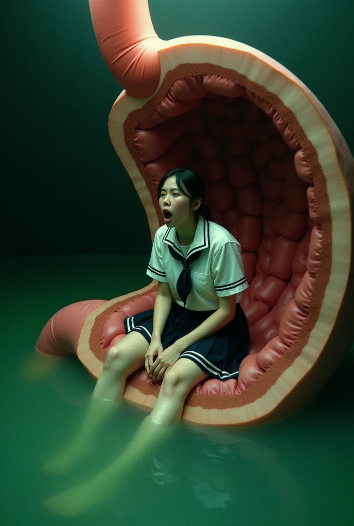 internal huge stomach view like endoscopy:: a japanese woman stay inside it, She sat for a while playing in the dark green water up to her waist,She wears school uniform, She scream