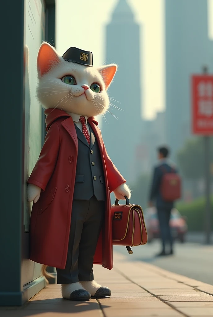 Shanghai,35mm lens,Multiple angles,Cat,cute,Personification,Back,side,silhouette,Overhead shot,Cat,Standing,doll,Carrying a small school bag,Bus stop,Shanghai,Airline stewardess, cloak,Ruan Jia,Suit,tie, (Delicate face), (Fine fluffy fur),(35mm Cinema Lens),(Multi-angle shooting),(many viewing angles)