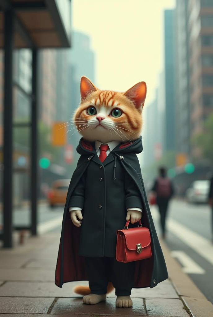 Shanghai,35mm lens,Multiple angles,Cat,cute,Personification,Back,side,silhouette,Overhead shot,Cat,Standing,doll,Carrying a small school bag,Bus stop,Shanghai,Airline stewardess, cloak,Ruan Jia,Suit,tie, (Delicate face), (Fine fluffy fur),(35mm Cinema Lens),(Multi-angle shooting),(many viewing angles)