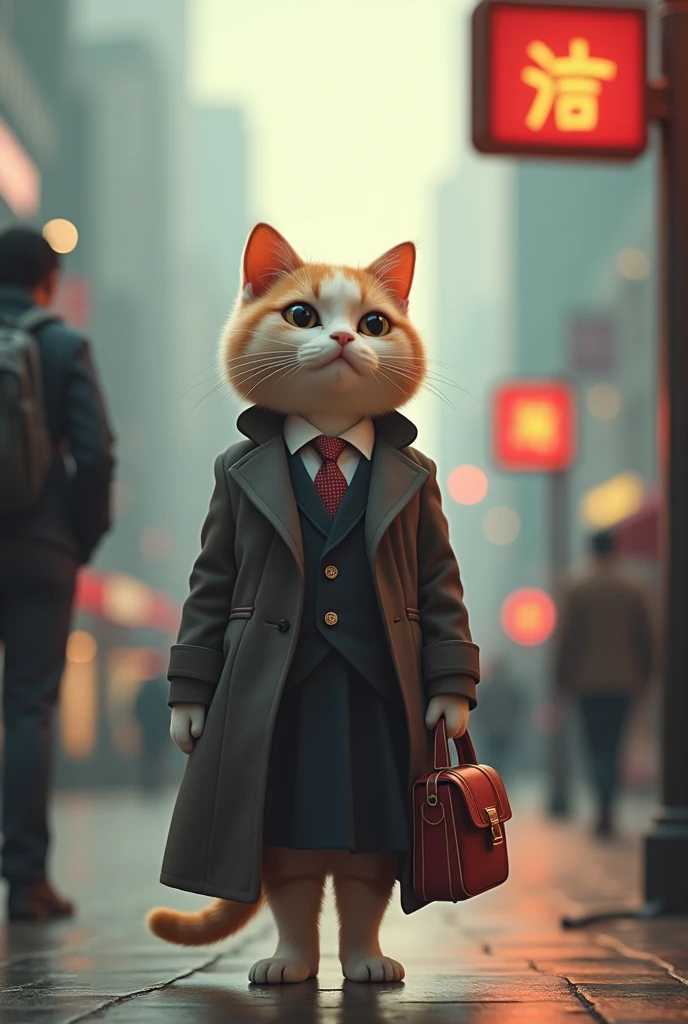 Shanghai,35mm lens,Multiple angles,Cat,cute,Personification,Back,side,silhouette,Overhead shot,Cat,Standing,doll,Carrying a small school bag,Bus stop,Shanghai,Airline stewardess, cloak,Ruan Jia,Suit,tie, (Delicate face), (Fine fluffy fur),(35mm Cinema Lens),(Multi-angle shooting),(many viewing angles)