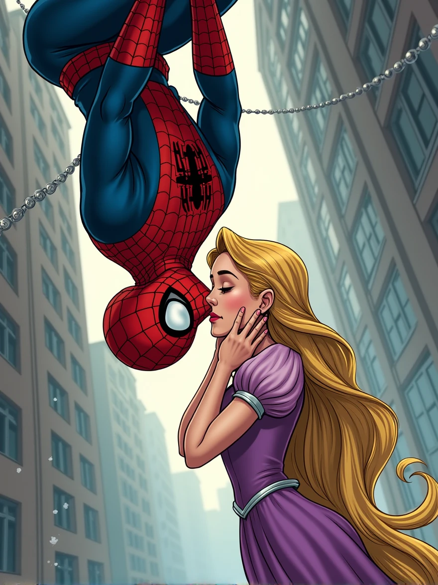 Make a comic book style one where Spiderman and Rapunzel kiss while Spiderman hangs upside down from his web. Rapunzel has to stand holding her face, which will be uncovered and Spiderman's face will be visible and it will be seen that he is Peter Parker