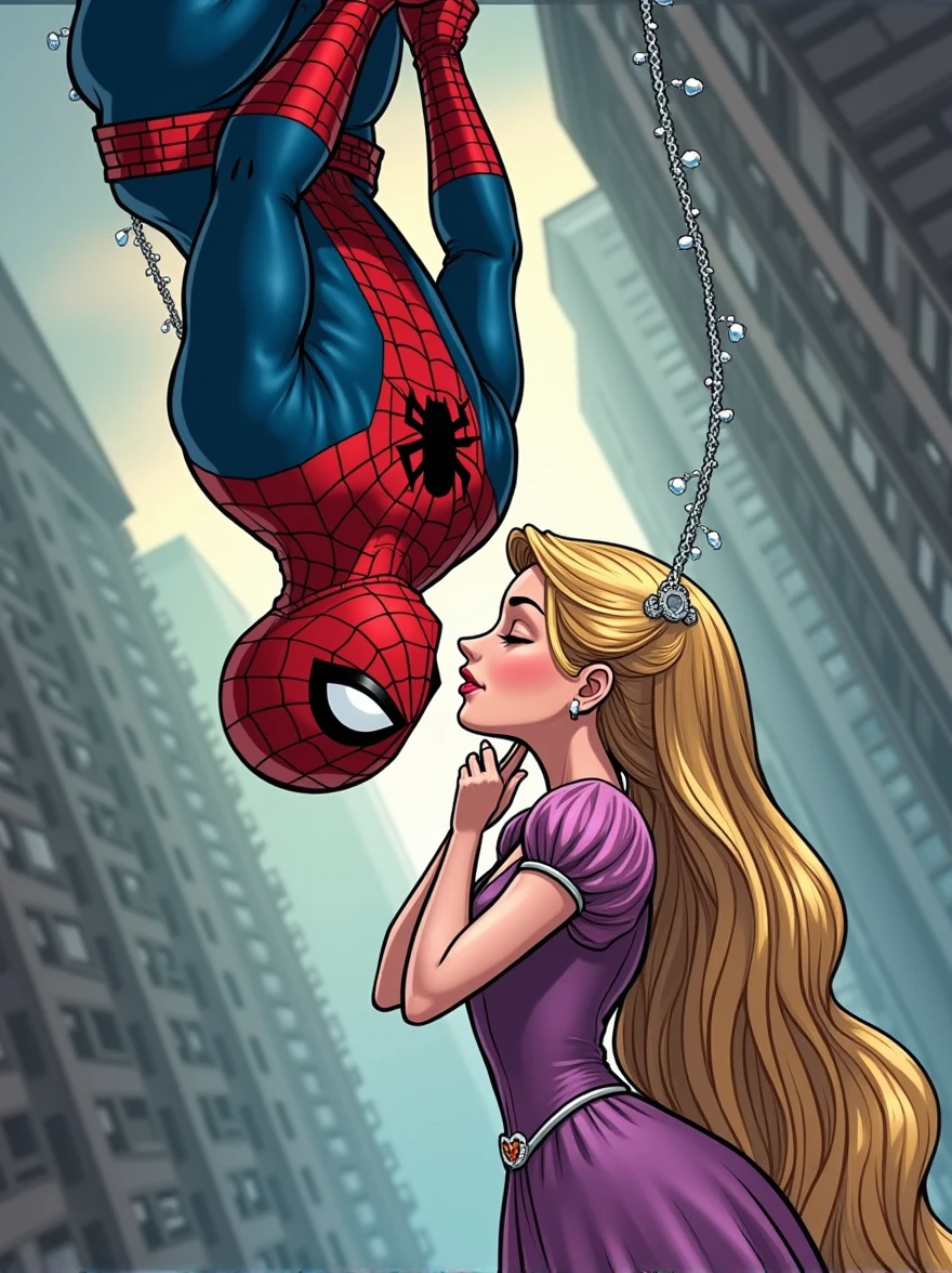 Make a comic book style one where Spiderman and Rapunzel kiss while Spiderman hangs upside down from his web. Rapunzel has to stand holding her face, which will be uncovered and Spiderman's face will be visible and it will be seen that he is Peter Parker