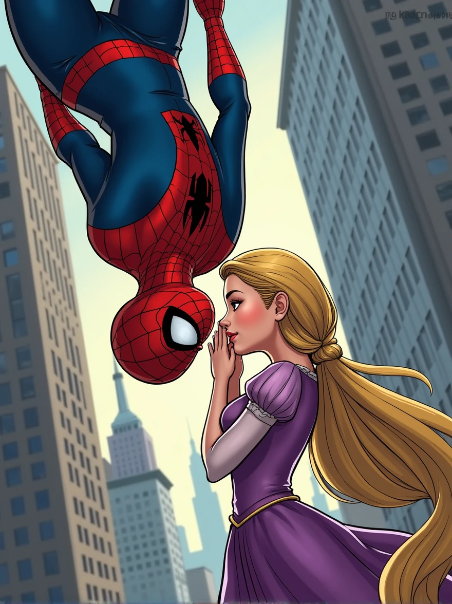 Make a comic book style one where Spiderman and Rapunzel kiss while Spiderman hangs upside down from his web. Rapunzel has to stand holding her face, which will be uncovered and Spiderman's face will be visible and it will be seen that he is Peter Parker