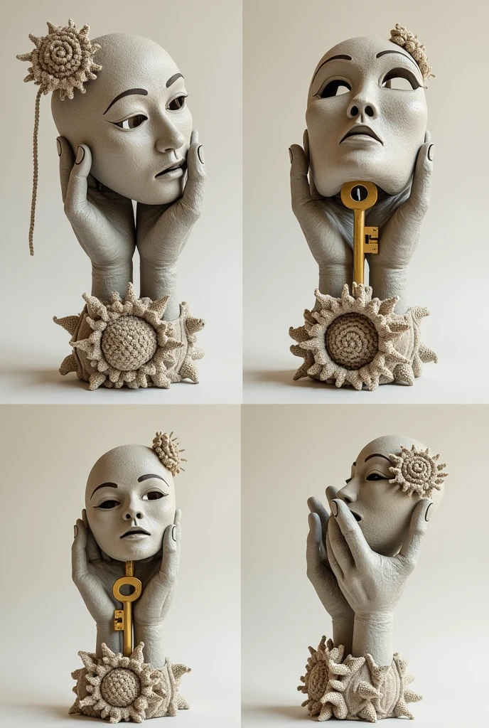 Sculpture of two hands in paper mache holding the faces of the theater and a sun key as a support, and crochet parts, give me four sketches, head on, back and two sides 