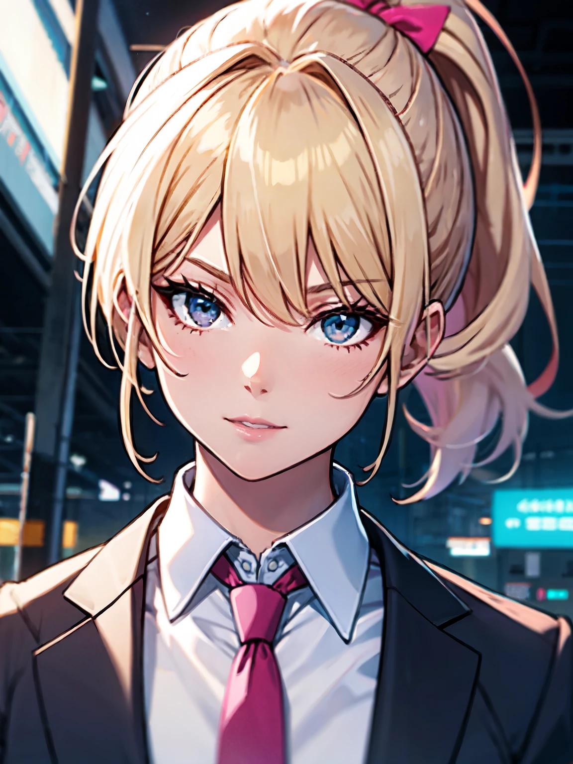 woman, adult, white collared shirt, pink tie, blonde, ponytail