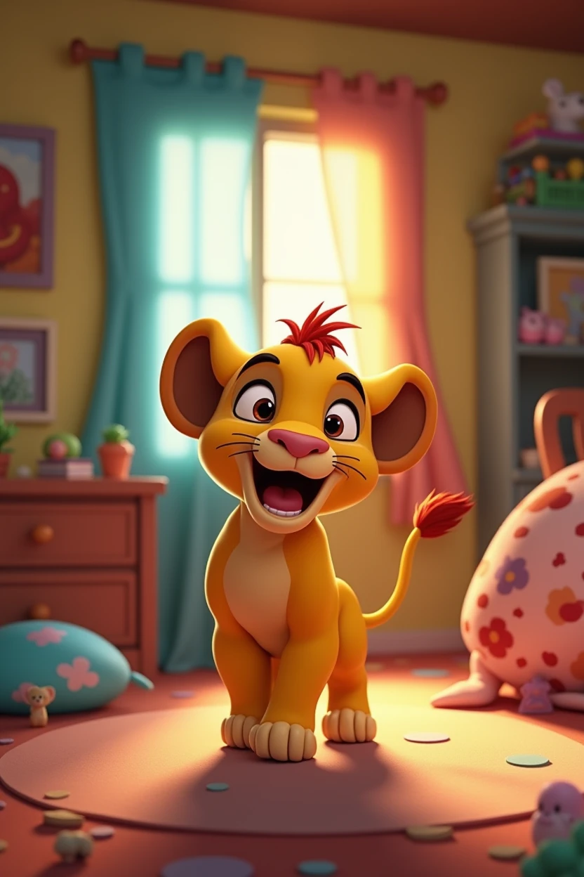 A little lion in a room full of toys. Panoramic view of the colorful room, with the Little Lion entering happily, excited and very happy, smiling, disney pixar style