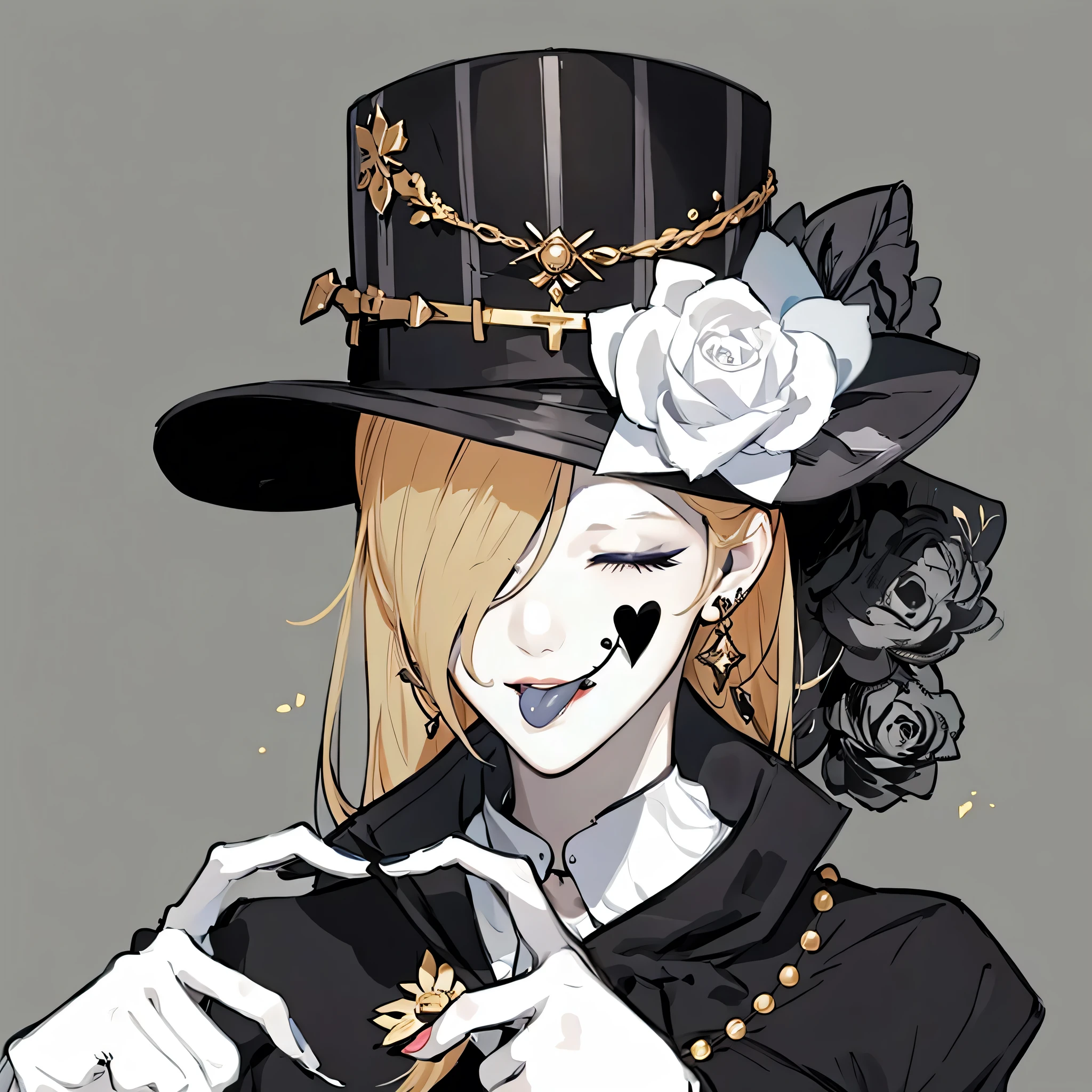 masterpiece: 1.2, best quality), makeup, hat, white flower, girl, white hair, closed eyes, finger love, tongue,