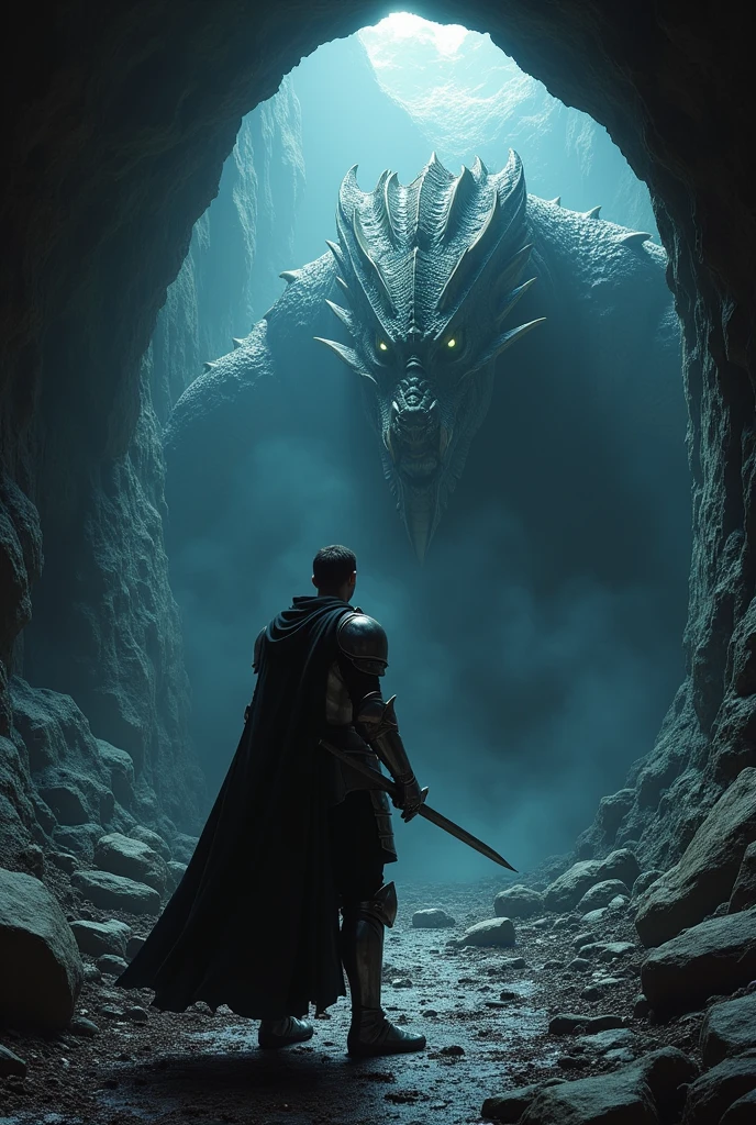 [Core Concept]
A courageous knight, Ivan, engaged in a perilous battle against a fearsome dragon within the confines of a dark, foreboding cave.

[Character Description]
The valiant knight, Ivan, stands resolute, his armored figure casting a dramatic silhouette as he prepares to face the monstrous dragon, every muscle taut with determination.

[Environment/Background]
The cavernous space is shrouded in shadows, the walls glistening with moisture and the air heavy with a sense of unease. The dragon's massive form looms in the background, its scales gleaming with an otherworldly iridescence.

[Style and Atmosphere]
The scene is rendered with a masterful blend of realism and drama, the chiaroscuro lighting lending an intense, almost cinematic quality to the composition. The bright, vivid colors heighten the sense of danger and the palpable tension of the confrontation.

[Composition]
The composition is tightly framed, drawing the viewer's attention to the central figures and the impending clash, with the knight's powerful stance and the dragon's coiled, menacing presence creating a sense of imminent action.

[Details and Embellishments]
The intricate details of the knight's armor and the dragon's features are rendered with exceptional sharpness and clarity, heightening the sense of realism and the visceral nature of the encounter.

[Technical Specifications]
The image is a masterpiece, with a level of detail and realism that transports the viewer into the heart of the kingdom's delight – a thrilling, high-stakes confrontation between a brave knight and a formidable dragon.