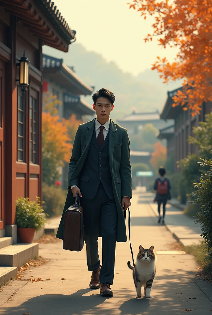 Beijing街头，Lakeside，35mm lens，Multiple angles，Countryside scenery，Suburban，Back，side，silhouette，Overhead shot，Cat，Standing，doll，Carrying a small school bag，tram，Beijing，Autumn woods，Wooden house，Platform， cloak,Ruan Jia,Suit,tie, (Delicate face), (Fine fluffy fur)，（35mm Cinema Lens），（Multi-angle shooting），（many viewing angles）