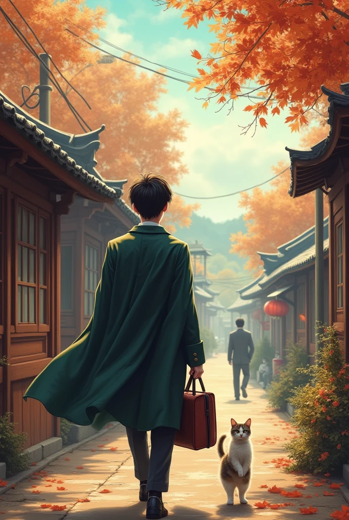 Beijing街头，Lakeside，35mm lens，Multiple angles，Countryside scenery，Suburban，Back，side，silhouette，Overhead shot，Cat，Standing，doll，Carrying a small school bag，tram，Beijing，Autumn woods，Wooden house，Platform， cloak,Ruan Jia,Suit,tie, (Delicate face), (Fine fluffy fur)，（35mm Cinema Lens），（Multi-angle shooting），（many viewing angles）