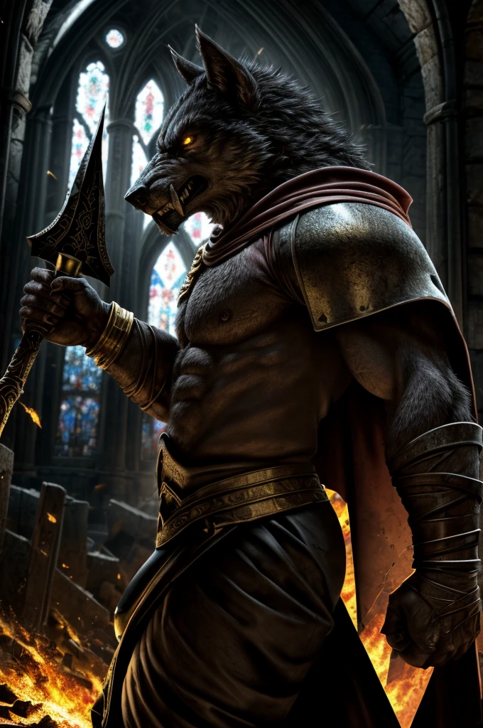 (One Muscular male bara furry wolf, grey fur, dilf, bulge) clothing=(medieval mercenary attire, Gold fangs, gold metal bracers+gold ornaments+black greaves+Yellow eyes+Dark old wrinkled maroon cape), Place=(Old Rome, Midnight, dramatic, lighting in his face, in the dark,dark, creepy, twisted, burning cathedral)+Epic pose+Dirty and chipped armor, sideview), Create a high-resolution digital painting fearsome werewolf within a ruined, burning cathedral. The werewolf is clad in dark, battle-worn red armor, He grips a large, ornate scepter in one hand, his snarling face illuminated by the intense flames engulfing the scene The background features the crumbling arches and shattered stained glass windows of the cathedral, all consumed by fire. The overall atmosphere is dark, chaotic, and apocalyptic, with vivid details of the burning inferno and the powerful, intimidating presence of the werewolf, heavy use of dramatic lighting and bold contrasts to highlight the menacing features of the subjects,combine elements of horror, medieval fantasy, and dark mythos to create a vivid, immersive image.