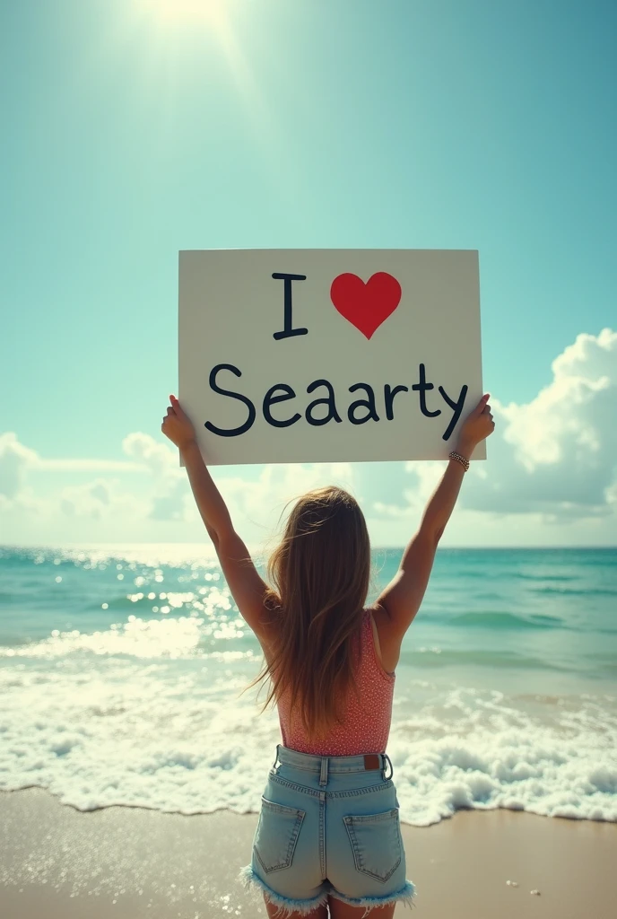 Hyperrealism，A girl holds up a sign that says “I Love Seaart Infinity”，Standing by the sea，Movie-quality images，Sunlight，Waves，Beach