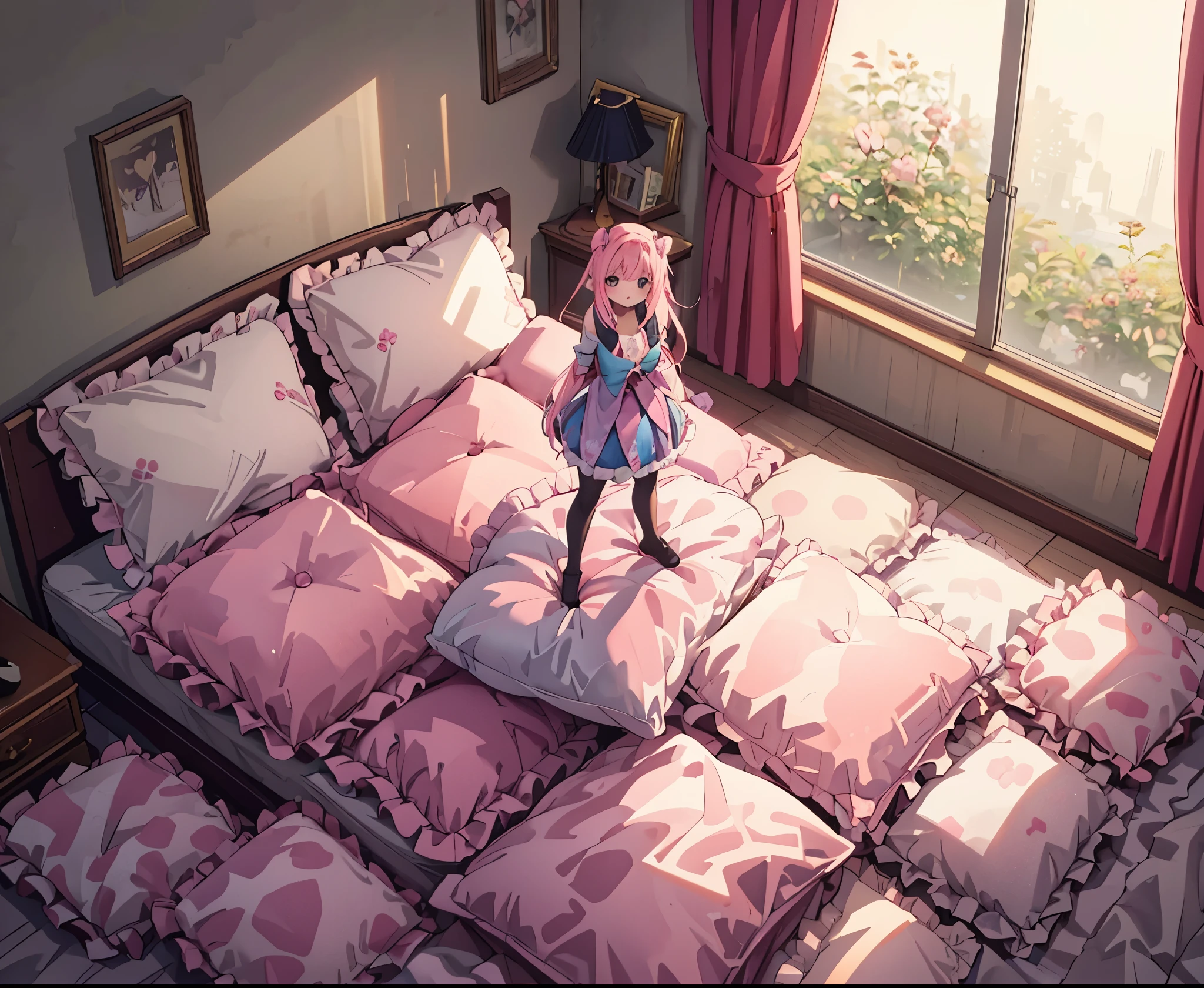 (best quality, masterpiece),full body, 1 girl, solo, mine ,nsfw, details, (Light and shadow oxtail , Cute girl posing on pillow ,standing on pillow,,(pillow), large pillow, (((colorful))), color correction, pink hair, frilled pillow,pink pillow,