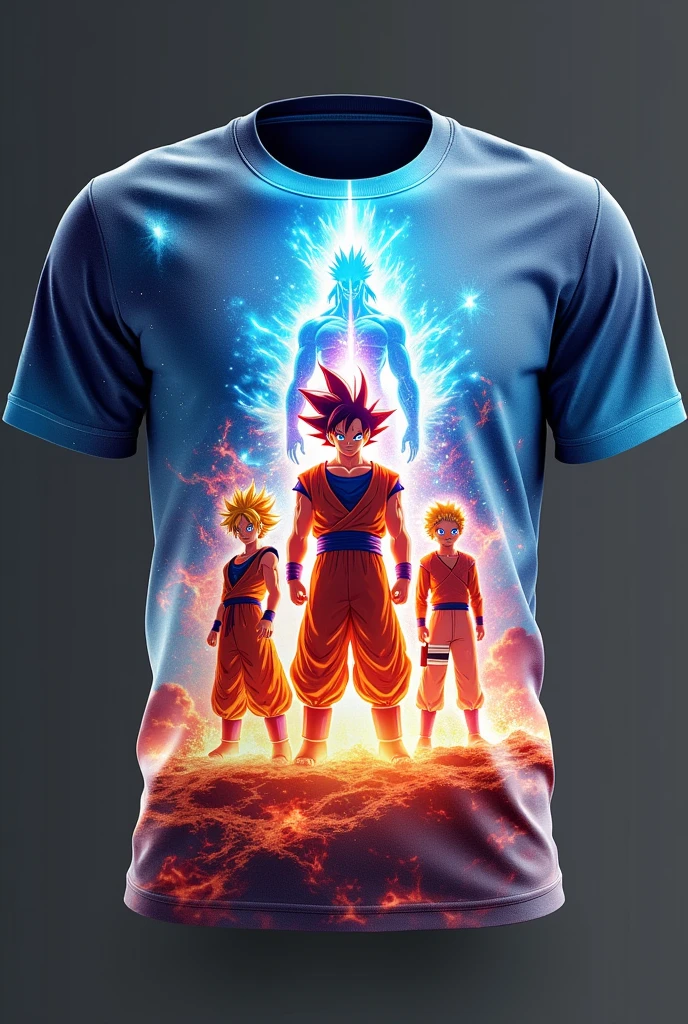 Here's a refined prompt with a focus on vibrant colors, god-like aura, and a fully printed design that covers both the front and back of the T-shirt:
---
**Project Brief:**
Design a full-printed, baggy T-shirt for Iron Ikigai, specifically for males with high testosterone, rage, and intense personalities. The design should be vibrant, showcasing a powerful, god-like aura with elements from Dragon Ball Ultra Instinct, Naruto Baryon Mode, and Luffy Gear 5/7. The T-shirt should feel like an embodiment of divine power, with a visually striking, full-print design that covers both the front and back.
**Design Elements:**
1. **Main Visual:**
- **Front Side:**
- **Goku (Ultra Instinct):** Feature Goku in Ultra Instinct mode, front and center. His silver hair and glowing eyes should be surrounded by a radiant, god-like aura in hues of white, blue, and silver.
- **Naruto (Baryon Mode):** Position Naruto slightly to the side, in his Baryon Mode, with his chakra cloak flaring outwards. Use deep reds, oranges, and fiery yellows to create a sense of overwhelming power.
- **Back Side:**
- **Luffy (Gear 5/7):** Place Luffy on the back, in a dynamic pose, his body glowing with a mix of blue and white flames. His figure should be larger than life, with the energy effects extending across the back of the shirt.
- **Energy Flow:** Connect the front and back designs with flowing energy lines that wrap around the sides, creating a continuous, immersive design.
2. **Background & Lighting:**
- **God-like Aura:** Surround each character with a glowing, god-like aura that extends outwards, blending into each other. Use vibrant colors like electric blue, neon orange, and bright silver to create a radiant, divine atmosphere.
- **Celestial Elements:** Incorporate elements like distant stars, ethereal light beams, and subtle clouds to give the impression that the characters are in a divine realm. The background should feel expansive, with gradients of d