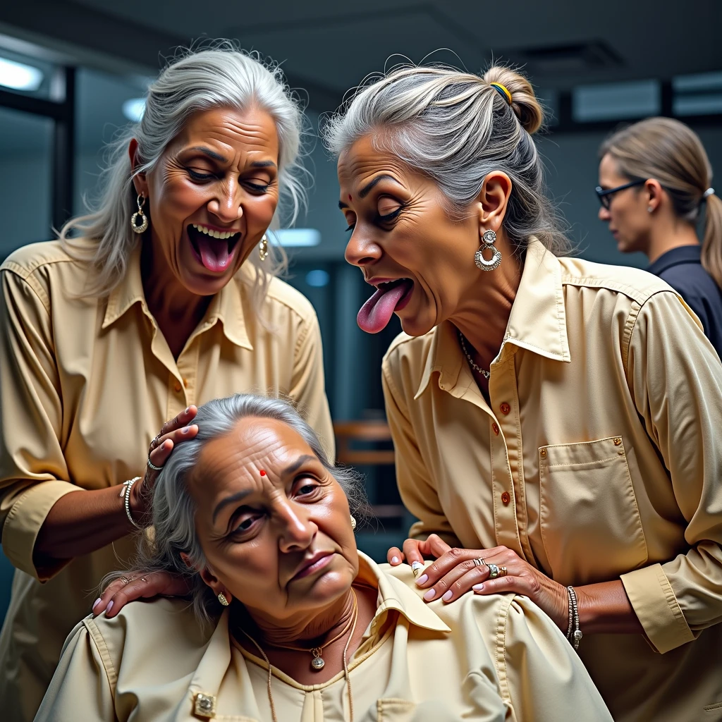 (Best Quality),(High resolution),(8k), (Masterpiece),{{{Full frame office}},{{Full Bodies}}},in indian modern light flooded room,three eldery ladies in age 60 licking thscalps ape per image prompt with thier wildly open tongues and licking her hair scalp, keeping all hairs totaly wet and styled with using extreme and exteme ultimate super exessive amount of hairgel+hair oil,{hairs like gel+oil drenched super supreme pulp,Shining like mirrors},image prompt relevant hairs and hairstyles, were not merely styled – they were pulpted. Gallons, yes gallons, of oil had been artfully woven into each hairstyle, transforming them into glistening, high-definition hairs that defied gravity. Oil, a luxurious cascade, gallons high viscus hair oil,defied gravity,roughly doing hair licking with tongues as per image prompt,image prompt relevant actions, image prompt relevant poses,Image prompt relevant tongues,image prompt relevant tongues actions,{{{{{{Image promt background keep remain same}}}}}},{{{{{Hairstyles exactly as per the image prompt and improve their hairs oiliness into like they styled image promt hairsstyles with highly ultra drencched with gallons of hair oil and improve hairs shinning like mirrors}}}},{{{Ladies tongues out and keep licking head scalps as per the image prompt in more cinematic way}}}},{{{{{{{{Enhance image prompt with cinematice HDR color grading with saturation}}}}}}}}}