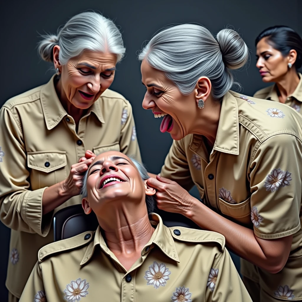(Best Quality),(High resolution),(8k), (Masterpiece),{{{Full frame office}},{{Full Bodies}}},in indian modern light flooded room,three eldery ladies in age 60 licking thscalps ape per image prompt with thier wildly open tongues and licking her hair scalp, keeping all hairs totaly wet and styled with using extreme and exteme ultimate super exessive amount of hairgel+hair oil,{hairs like gel+oil drenched super supreme pulp,Shining like mirrors},image prompt relevant hairs and hairstyles, were not merely styled – they were pulpted. Gallons, yes gallons, of oil had been artfully woven into each hairstyle, transforming them into glistening, high-definition hairs that defied gravity. Oil, a luxurious cascade, gallons high viscus hair oil,defied gravity,roughly doing hair licking with tongues as per image prompt,image prompt relevant actions, image prompt relevant poses,Image prompt relevant tongues,image prompt relevant tongues actions,{{{{{{Image promt background keep remain same}}}}}},{{{{{Hairstyles exactly as per the image prompt and improve their hairs oiliness into like they styled image promt hairsstyles with highly ultra drencched with gallons of hair oil and improve hairs shinning like mirrors}}}},{{{Ladies tongues out and keep licking head scalps as per the image prompt in more cinematic way}}}},{{{{{{{{Enhance image prompt with cinematice HDR color grading with saturation}}}}}}}}}
