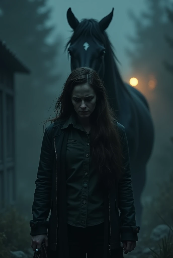 A person with a lot of fear and a dark horse behind him at night 