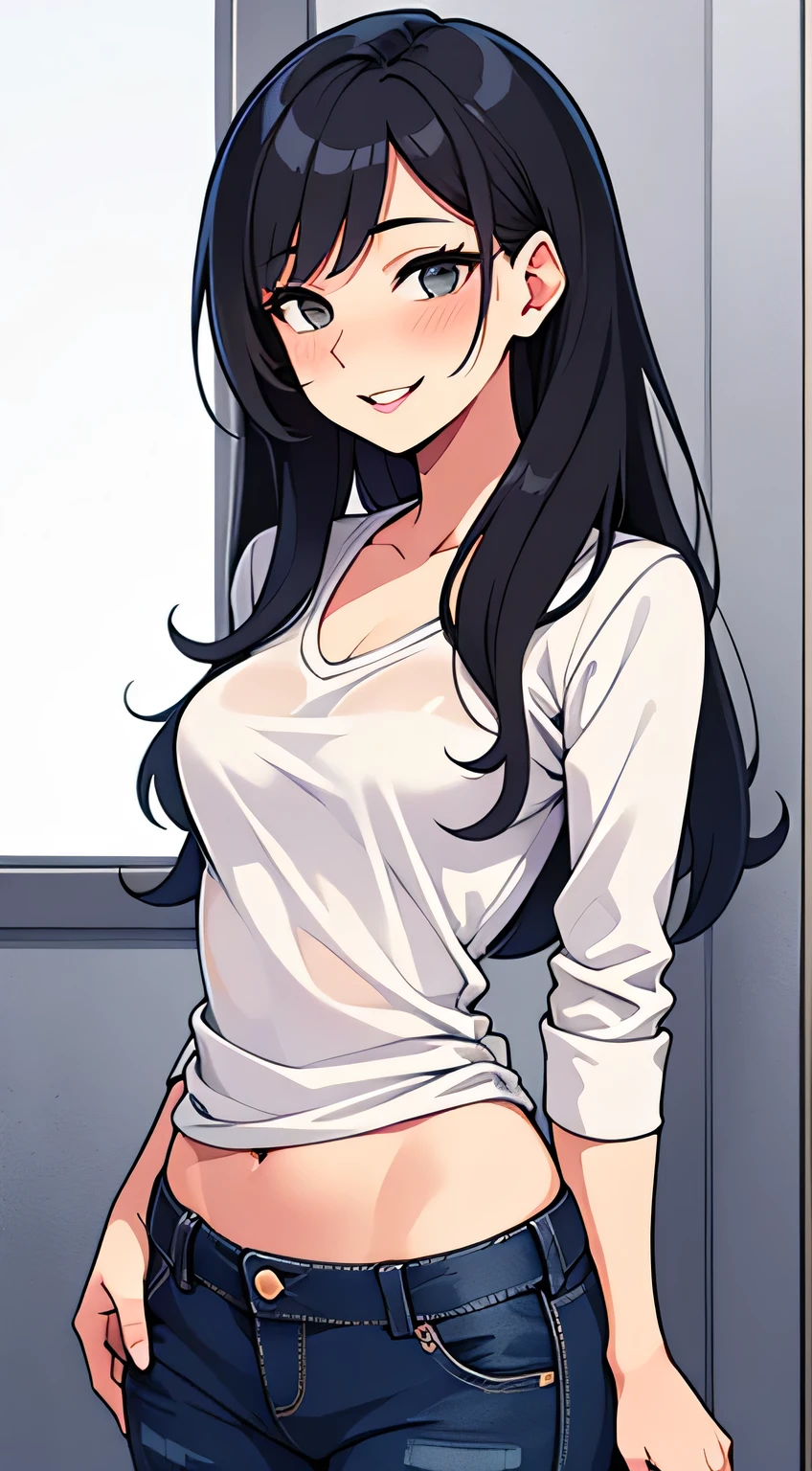 Amazing portrait of a sexy woman wearing her long straight luscious black hair, seductively gazing and smiling, soft lips, parted, blushing intensely, smiling, white t shirt, grey cardigan, baggy jeans, medium chest, perfect body