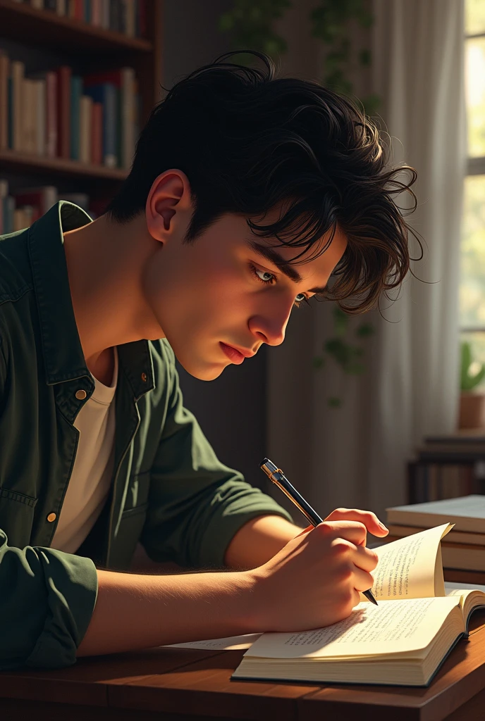 a handsome boy write abook and side corner show text contant writer or blog writer pic like real
